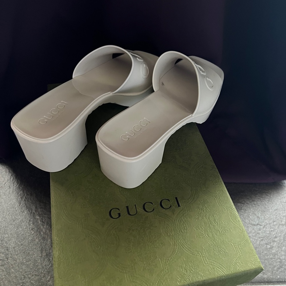 Gucci White Platform Slide Sandals